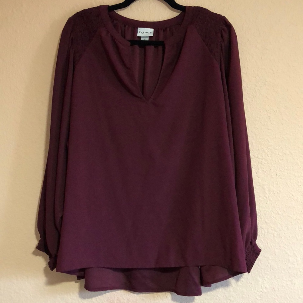Ava and Viv Woman’s 1X Burgundy Long Sleeve V-Neck Blouse